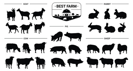 Farm animal silhouette set. Farming animals, sheep, rabbits, pigs, cows and goats. Isolated silhouette icon vector collection