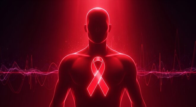 Silhueta humana iluminada em vermelho com fita brilhante no centro do peito