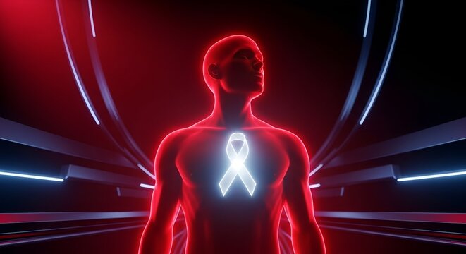 Silhueta humana iluminada em vermelho com fita brilhante no centro do peito