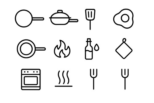 Frying Pan Icons. Frying Pan Handle. Line icon set of frying pan handle: frying pan, handle, lid, spatula, egg, pancake, flame, oil bottle, pot holder, stove,
