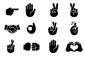 Fototapeta premium Gesture Icon Set. Gesture icons for communication. Solid icon set of Gesture icons for communication: pointing finger, open hand, thumbs up, peace sign,