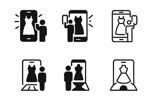 Augmented Fashion Icons. Augmented reality fashion. Icon set. Set Logo of augmented reality fashion: digital fitting room with 3D projection. harmonious logo