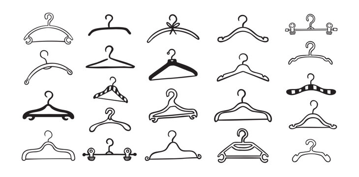 Hand drawn doodle clothes hangers set. Vector fashion hanger icon collection.
