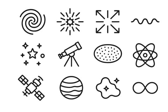 Universe Icon Set. Observable universe. Line icon set of observable universe: telescope, cosmic horizon, galaxy map, redshift graph, photon path, cosmic