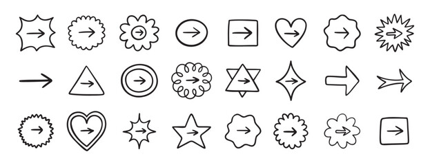 Cute arrow in frame set for bullet journal doodle hand drawn icon set. Diary note arrow elements in the shape of flower, star, heart, circle.