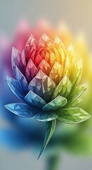 Geometric crystalline lotus flower with vibrant spectrum of colors blending