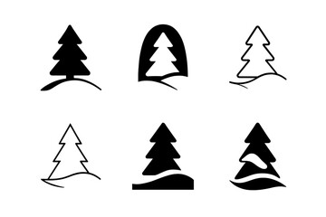 Obraz premium Snowy Emblem Designs. Snow-covered ground. Icon set. Set Logo of snow-covered ground: pine tree and snowy slope under soft curves. harmonious logo variations