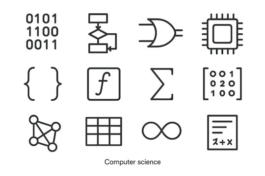Computer Science Icons. Computer science formulas. Line icon set of computer science formulas: binary code, algorithm flowchart, logic gate, CPU chip, bracket