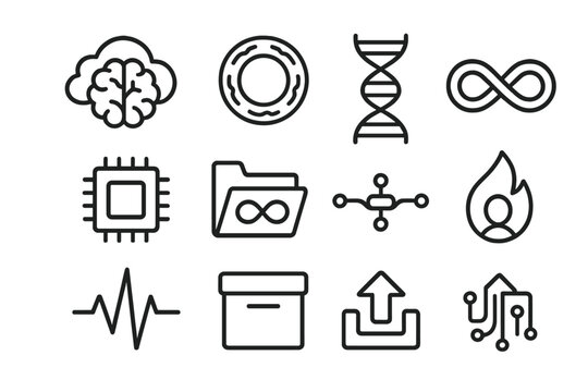 Digital Immortality Icons. Digital immortality. Line icon set of digital immortality: brain in cloud, circuit halo, DNA strand, energy loop, memory chip,