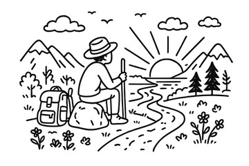 Obraz premium Solitary Sunset Gaze. Solitary Traveler. Hand-drawn doodle illustration Solitary Traveler person sitting on rock, gazing at sunset, mountains, clouds, river,