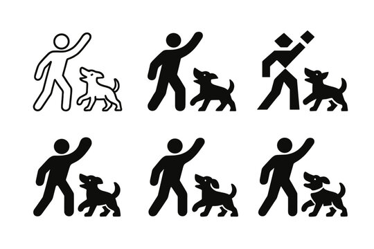 Joyful Pets Logos. joyful pets playing with their owners. Icon set. Set Logo of joyful pets playing with their owners: person running with dog in park.