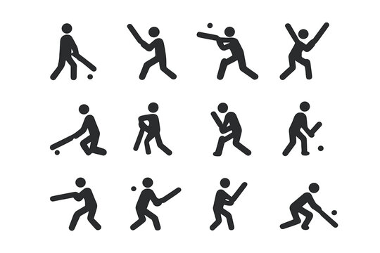 Cricket Batting Techniques. Batting. Solid icon set of Batting: straight drive, cover drive, pull shot, cut shot, sweep shot, reverse sweep, lofted shot,