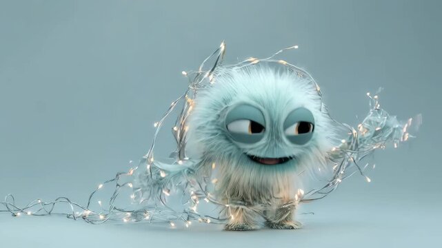 Funny fluffy monster tangled in christmas light string, moving playfully. A cute fuzzy creature with holiday garland light.