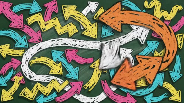 Dynamic strategy concept showing arrows pointing to a central idea on a vibrant chalkboard background, representing business direction and growth