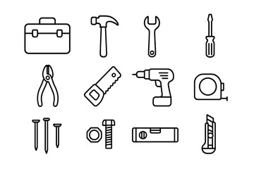 Obraz premium Tool Kit Icon Set. Tool kit essentials. Line icon set of Tool kit essentials: toolbox case, hammer, wrench, screwdriver, pliers, saw, drill, tape measure,