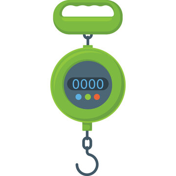 Green digital hanging scale with black hook and blue display showing zero isolated on transparent background