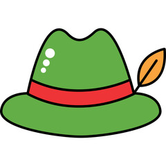 Green Fedora Hat with Red Band and Orange Feather Detail on Transparent Background Flat Design Style