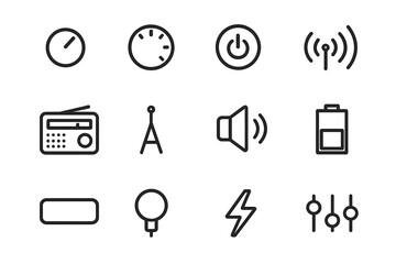 Fototapeta na wymiar Radio Control Icons. Radio control. Line icon set of radio control: tuning knob, volume dial, power button, signal waves, AM/FM radio, antenna, speaker,