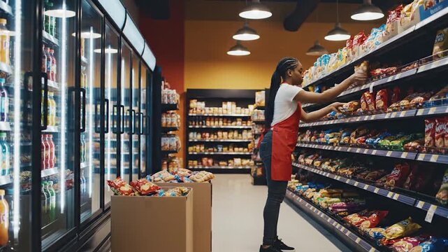 Female worker stocking products on shelves in a grocery store