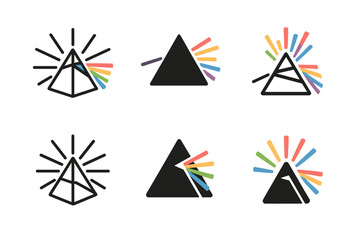 Prism Light Logos. Flash of brilliance. Icon set. Set Logo of flash of brilliance: prism scattering light beams in all directions. harmonious logo variations