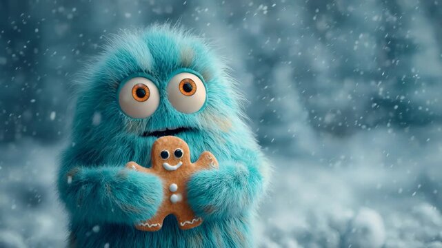 Funny fluffy blue monster holding gingerbread man in falling snow, a cute holiday mascot for Christmas and winter.