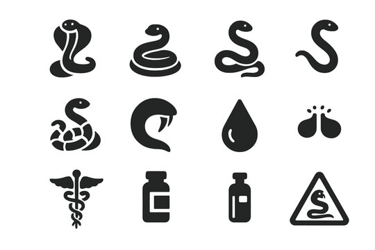 Venomous Snakes Icons. Venomous Snakes. Solid icon set of Venomous Snakes: cobra, viper, rattlesnake, mamba, coral snake, pit viper, fang closeup, venom drop,