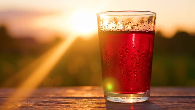 A refreshing glass of red drink sits on the wooden table, catching the last rays of sunlight at sunset. The vibrant red drink glistens while the sunset casts a warm glow in the bac