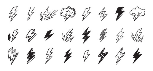 Doodle set lightning line art. Hand drawn lightning icons