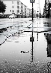 Monochrome after rain reflection city sidewalk, urban scenery