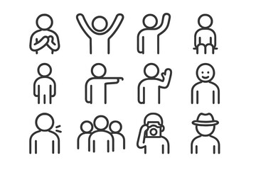 Audience Reaction Icons. Audience reaction. Line icon set of Audience reaction: person clapping, person cheering, person raising hand, person sitting, person