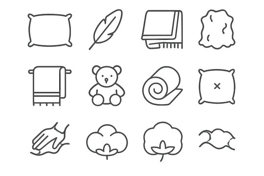 Soft Texture Icons. Soft Textures. Line icon set of Soft Textures: pillow, feather, blanket, fur rug, towel, plush toy, fabric roll, cushion, hand touching