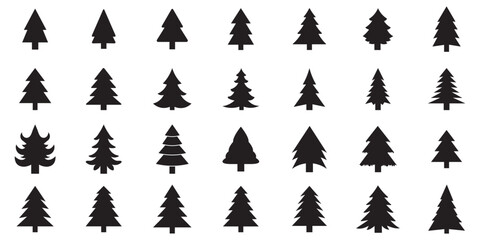 Obraz premium Pine tree vector. Pine icon set. Christmas tree silhouette bundle, black pine icons with varied shapes and trunks, minimalist holiday vector set for seasonal design and decoration.