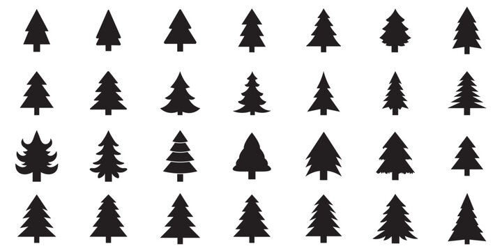 Pine tree vector. Pine icon set. Christmas tree silhouette bundle, black pine icons with varied shapes and trunks, minimalist holiday vector set for seasonal design and decoration.