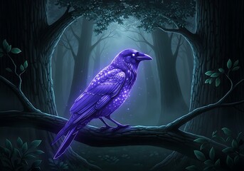 Mystical Indigo Raven Perched in an Enchanted Forest Clearing at Night