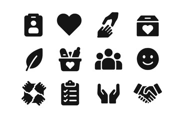 Volunteering Icons Set. Volunteering and giving. Solid icon set of Volunteering and giving: volunteer badge, heart, helping hands, donation box, leaf, food