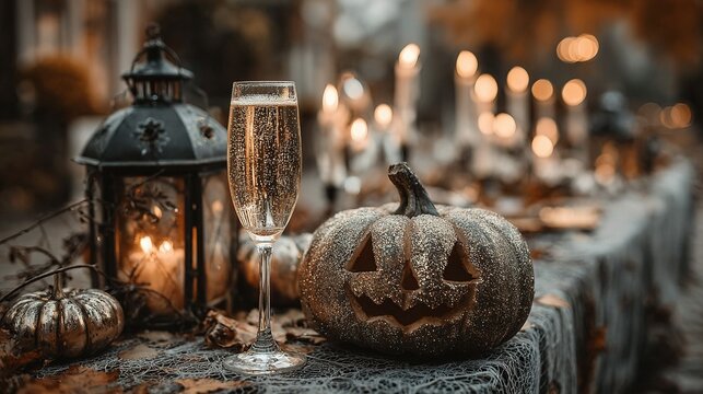 Halloween table setting with pumpkin lantern champagne glasses and candles warm lighting. - Powered by Adobe