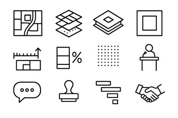 Urban Planning Icons. Urban expansion planning. Line icon set of Urban expansion planning: skyscraper, apartment building, road, bridge, house, construction