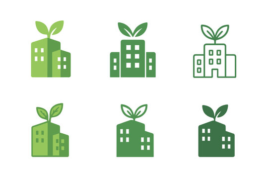 Energy-Efficient Building Logos. Energy-efficient buildings. Icon set. Set Logo of energy-efficient buildings: structure with green rooftop garden. harmonious
