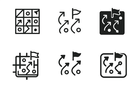 Strategic Game Icons. Engaging in a strategy game. Icon set. Set Logo of engaging in a strategy game: hex tile map with resource symbols. harmonious logo