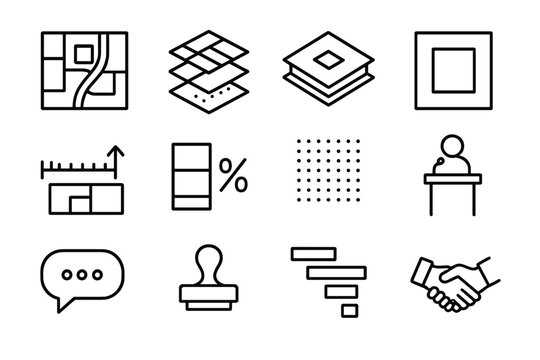 Urban Planning Icons. Urban expansion planning. Line icon set of Urban expansion planning: skyscraper, apartment building, road, bridge, house, construction