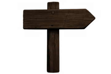 Rustic wooden signpost with an arrow plank directing right, offering guidance and navigation, transparent background