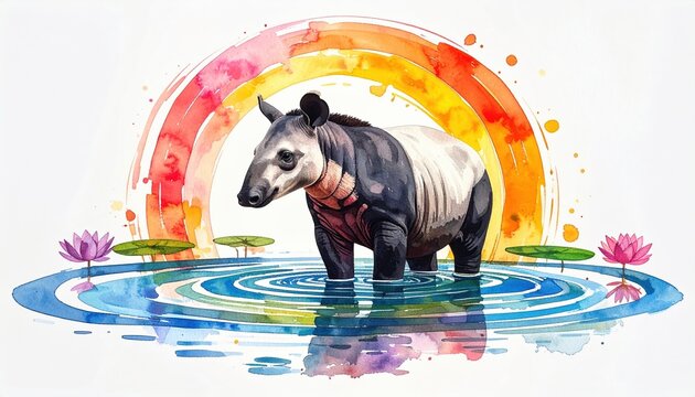 A creative scene displays a tapir with vivid colors to symbolize tropical wildlife importance. It promotes awareness of rare species and global ecological balance