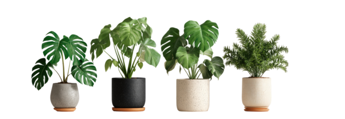 Four potted houseplants in various shades of green, displayed in square planters
