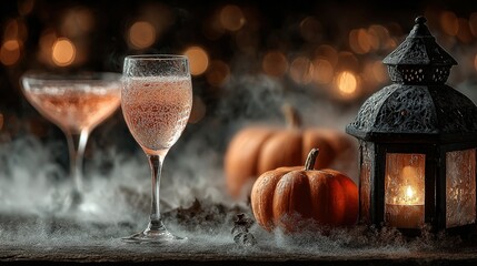 Two glasses of liquid pumpkins lantern and smoke create a festive atmosphere.