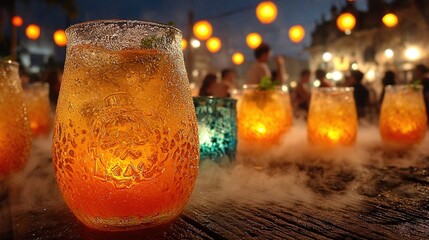 Lit candles in glass jars with smoke effect outdoors at night.