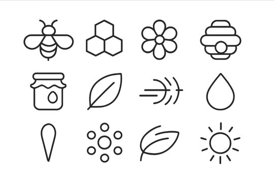 Buzz Icon Collection. Buzz. Line icon set of buzz: bee, honeycomb, flower, hive, honey jar, wing, leaf, buzzing lines, stinger, droplet, pollen grain, sun. All