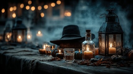 Table with hat bottles candles and lanterns creating a moody atmosphere at night.