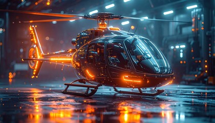 Futuristic helicopter illuminated by neon orange and blue light conveys idea of advanced tech mobility and next gen transport trend. 