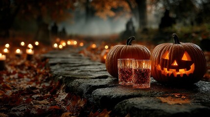 Carved pumpkins and candles on a stone wall in an autumnal forest.