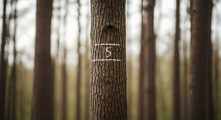 A tree trunk in a forest marked with the number 5 for logging. Forestry management and timber industry concept with selective focus background